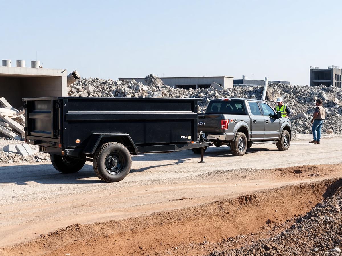 5x10 dump trailer hitched to a pickup truck on a GTA construction site with concrete rubble