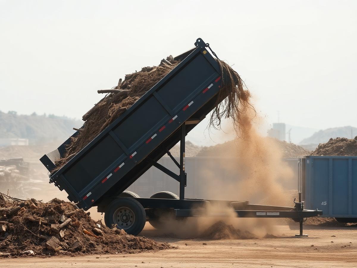 Dump trailer tilted up unloading soil and tree roots at a disposal site