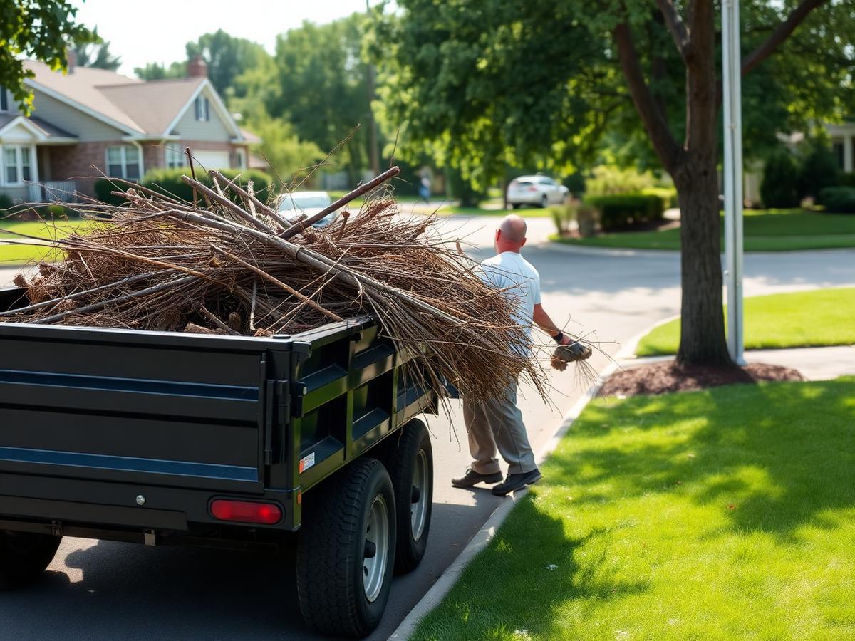 Landscaper loading branches and yard waste into a dump trailer on a residential street