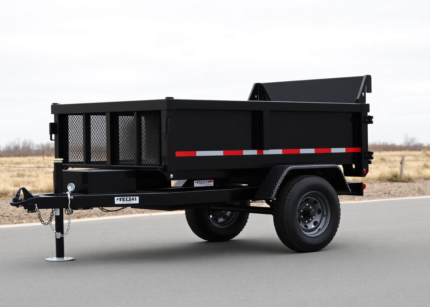 Black 5x10 hydraulic dump trailer with mesh sides, three-quarter view